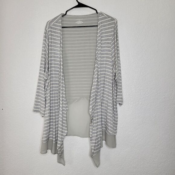 Lane Bryant Size 18/20 Gray & White Striped Open Chiffon-Trim Draped Cardigan - Picture 2 of 6